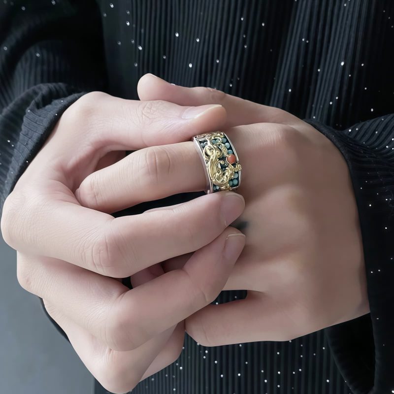 チベット産ターコイズ&レッドアゲート貔貅(ピィシュー)プロテクションリング Tibetan Turquoise Red Agate PiXiu Protection Ring