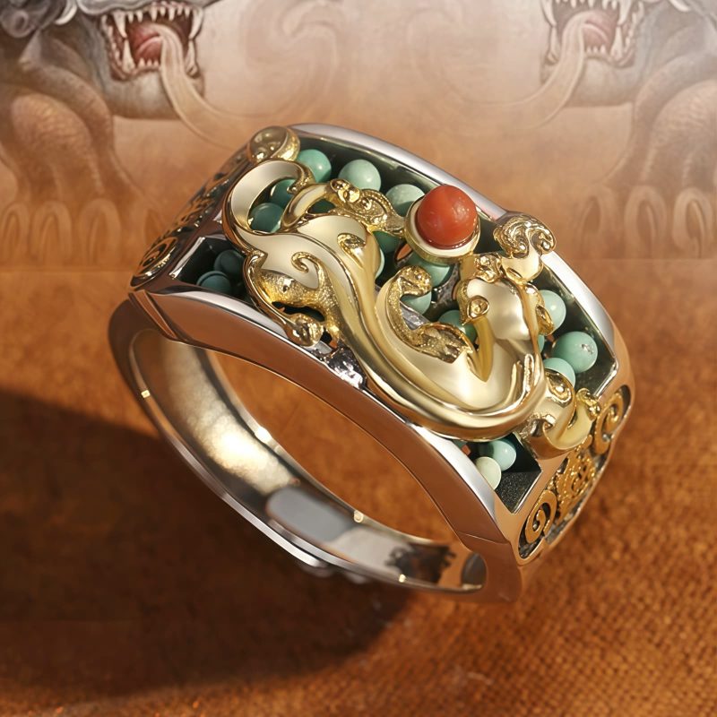 チベット産ターコイズ&レッドアゲート貔貅(ピィシュー)プロテクションリング Tibetan Turquoise Red Agate PiXiu Protection Ring