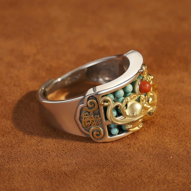 チベット産ターコイズ&レッドアゲート貔貅(ピィシュー)プロテクションリング Tibetan Turquoise Red Agate PiXiu Protection Ring