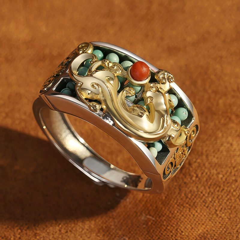 チベット産ターコイズ&レッドアゲート貔貅(ピィシュー)プロテクションリング Tibetan Turquoise Red Agate PiXiu Protection Ring