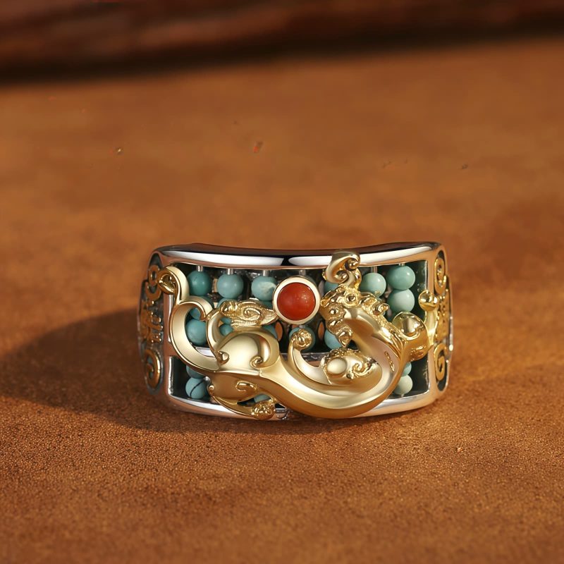 チベット産ターコイズ&レッドアゲート貔貅(ピィシュー)プロテクションリング Tibetan Turquoise Red Agate PiXiu Protection Ring