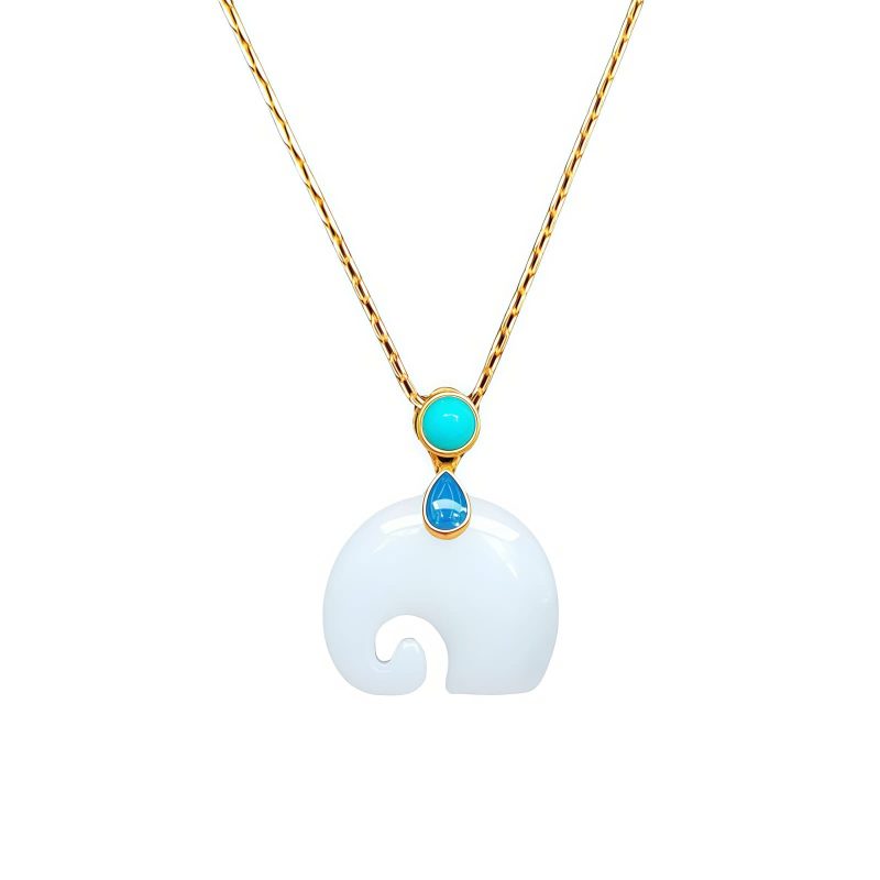 Colar Pingente de Elefante de Jade Branco para Sorte White Jade Elephant Luck Pendant Necklace
