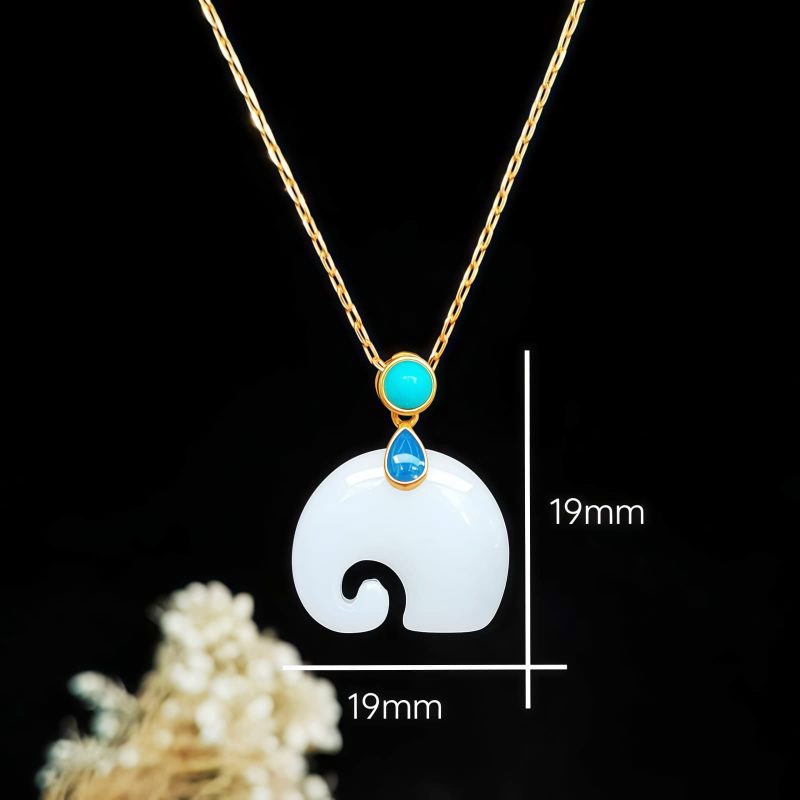 Colar Pingente de Elefante de Jade Branco para Sorte White Jade Elephant Luck Pendant Necklace