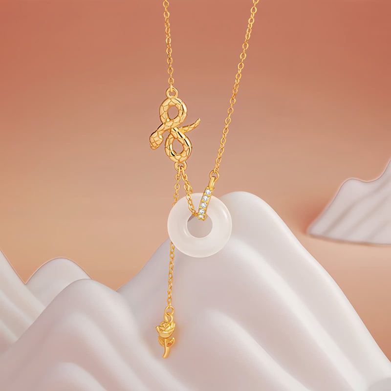 Colar Pingente Cobra de Calcedônia em Prata 925 Harmonia Rosa 925 Silver Chalcedony Snake Rose Harmony Necklace Pendant