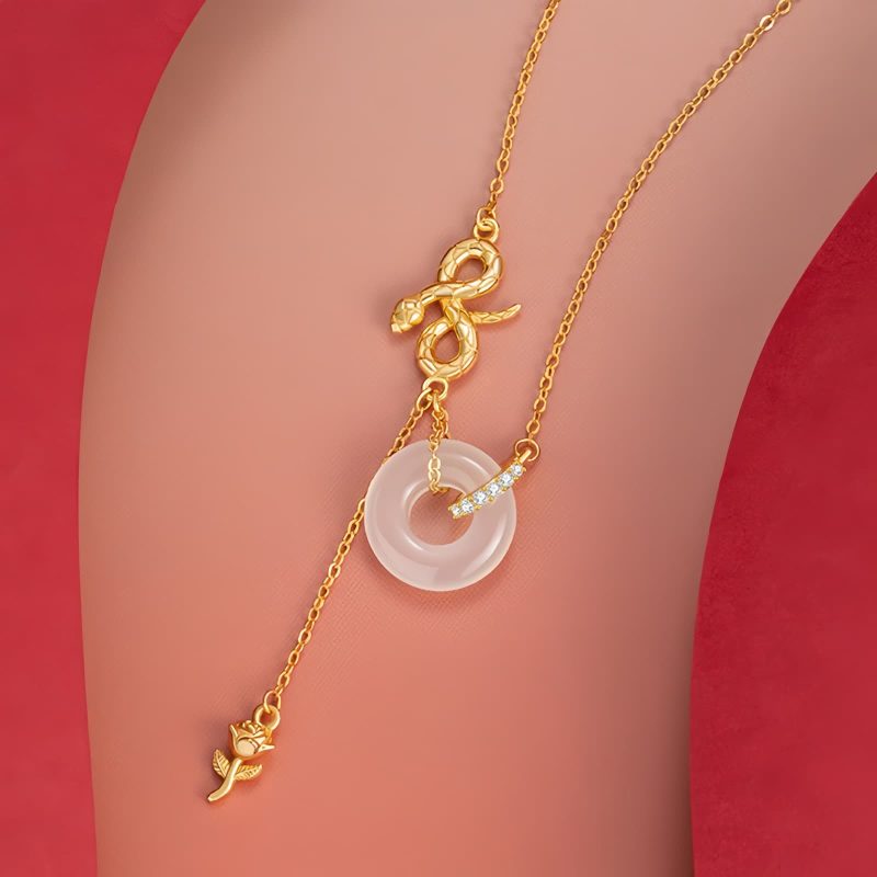 Colar Pingente Cobra de Calcedônia em Prata 925 Harmonia Rosa 925 Silver Chalcedony Snake Rose Harmony Necklace Pendant