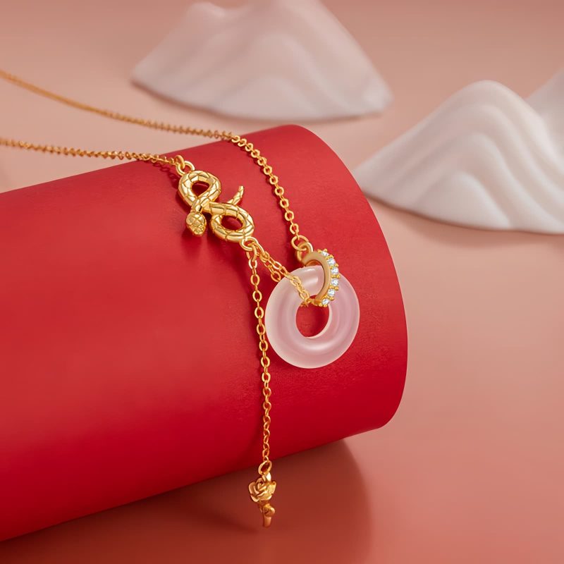 Colar Pingente Cobra de Calcedônia em Prata 925 Harmonia Rosa 925 Silver Chalcedony Snake Rose Harmony Necklace Pendant