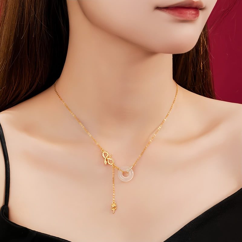 Colar Pingente Cobra de Calcedônia em Prata 925 Harmonia Rosa 925 Silver Chalcedony Snake Rose Harmony Necklace Pendant