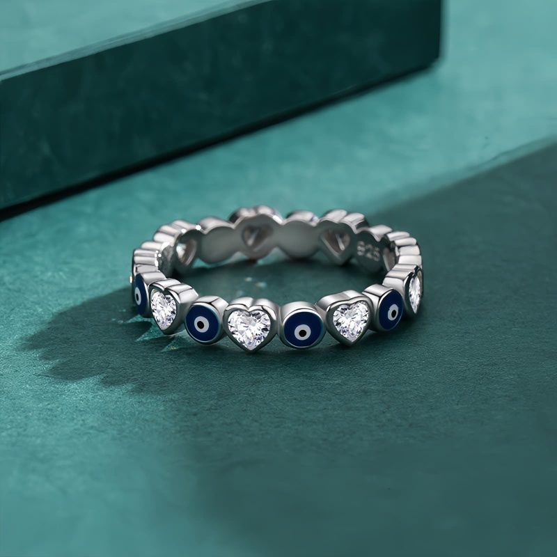 Anel de Bênção Coração Olho Grego em Prata 925 925 Silver Evil Eye Heart Blessing Ring