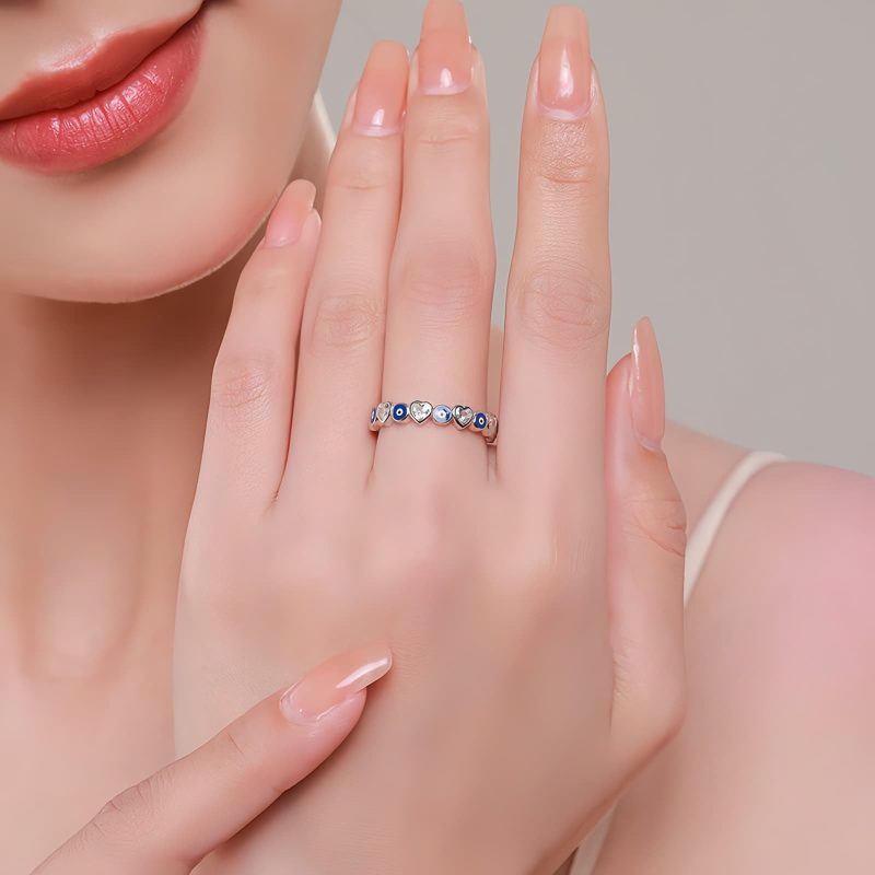 Anel de Bênção Coração Olho Grego em Prata 925 925 Silver Evil Eye Heart Blessing Ring