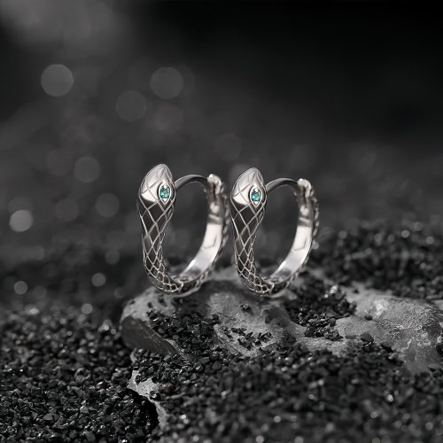 Aretes de Serpiente de Ojo Verde en Plata 925 Aretes de Serpiente de Ojo Verde en Plata 925