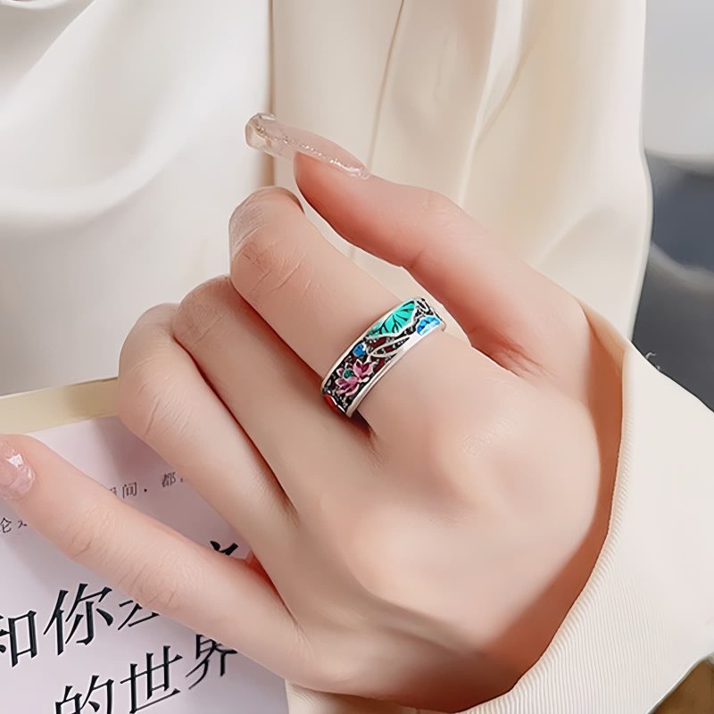 925シルバー 鯉と蓮の幸運リング 925 Silver Koi Fish Goes Well Ring