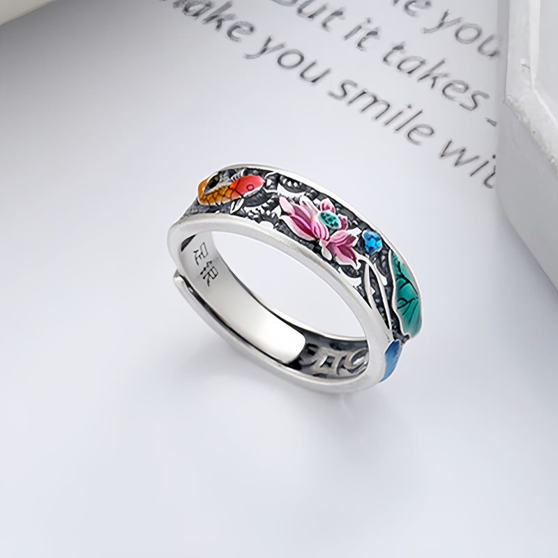 925シルバー 鯉と蓮の幸運リング 925 Silver Koi Fish Goes Well Ring