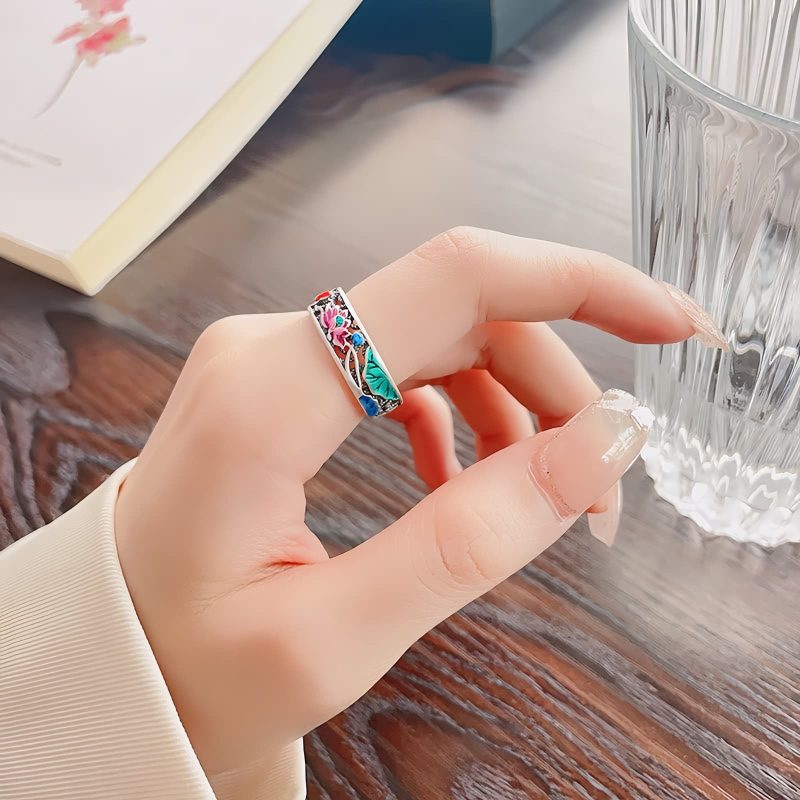 925シルバー 鯉と蓮の幸運リング 925 Silver Koi Fish Goes Well Ring