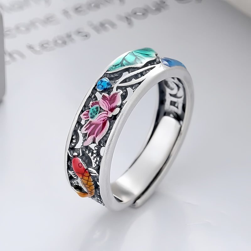 925シルバー 鯉と蓮の幸運リング 925 Silver Koi Fish Goes Well Ring