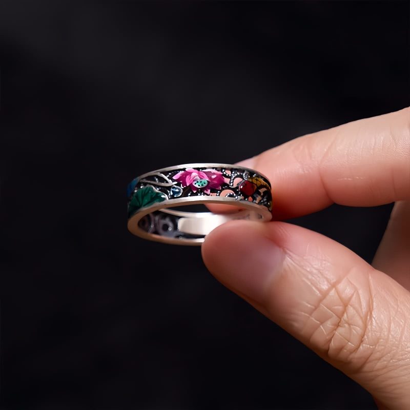 925シルバー 鯉と蓮の幸運リング 925 Silver Koi Fish Goes Well Ring