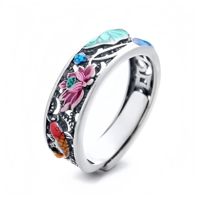 925シルバー 鯉と蓮の幸運リング 925 Silver Koi Fish Goes Well Ring