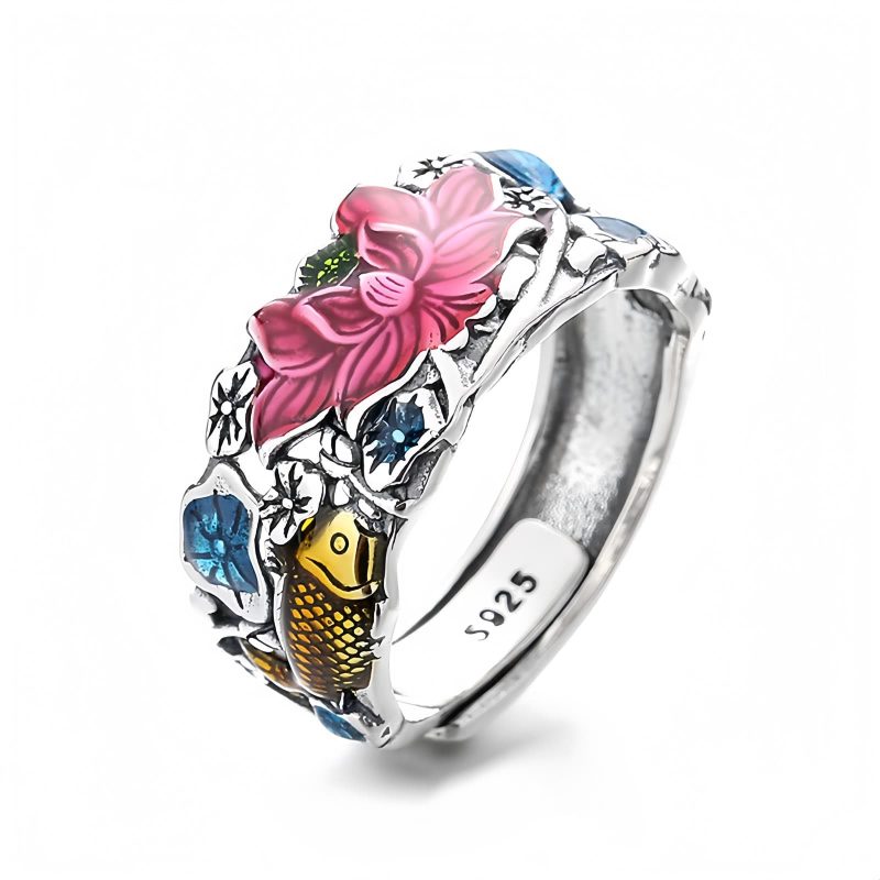 Anillo de Loto y Carpa Koi en Plata 925 925 Silver Koi Fish Lotus Ring