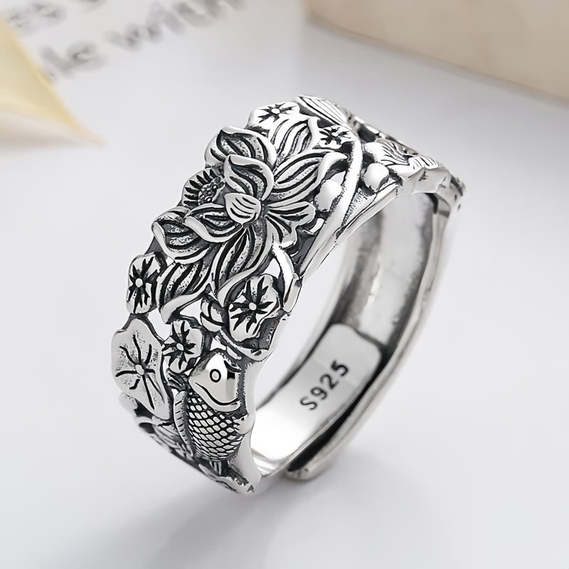 Anillo de Loto y Carpa Koi en Plata 925 925 Silver Koi Fish Lotus Ring