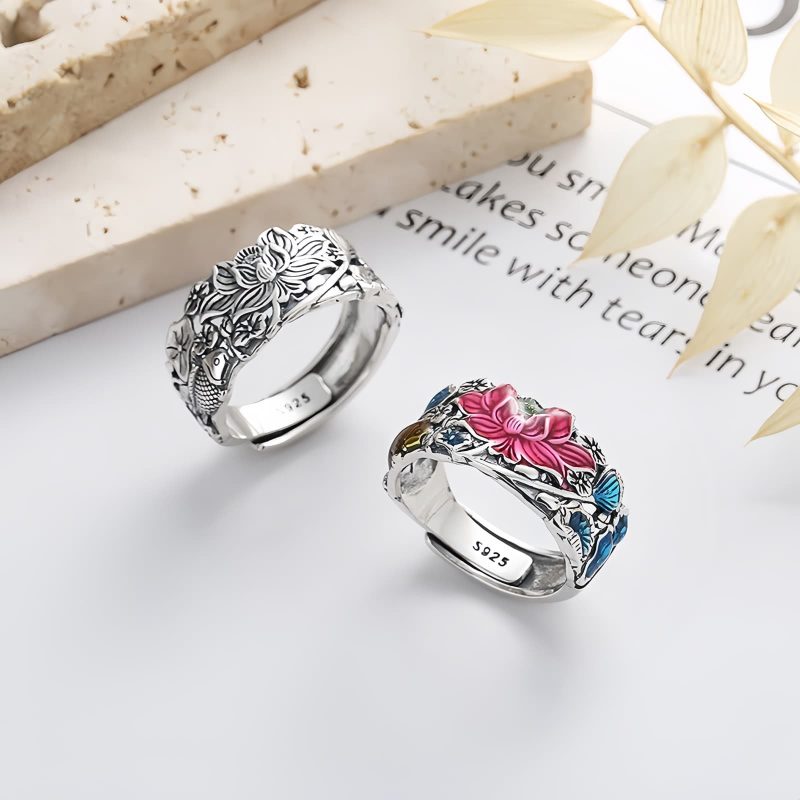 Anillo de Loto y Carpa Koi en Plata 925 925 Silver Koi Fish Lotus Ring