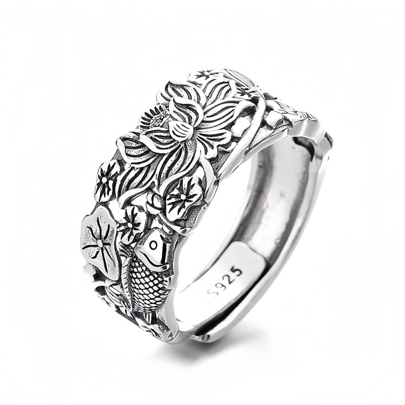 Anillo de Loto y Carpa Koi en Plata 925 925 Silver Koi Fish Lotus Ring