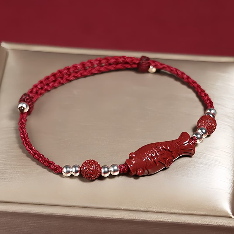 Pulseira Trançada de Prata 925 com Peixe Koi, Caractere Fu e Moeda de Cobre para Prosperidade 925 Silver Koi Fish Wealth Prosperity Bracelet