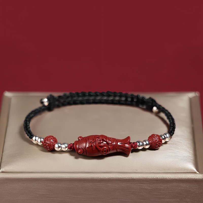 Pulseira Trançada de Prata 925 com Peixe Koi, Caractere Fu e Moeda de Cobre para Prosperidade 925 Silver Koi Fish Wealth Prosperity Bracelet