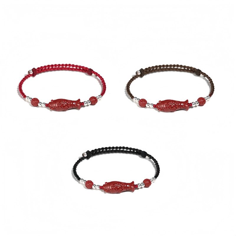 Pulseira Trançada de Prata 925 com Peixe Koi, Caractere Fu e Moeda de Cobre para Prosperidade 925 Silver Koi Fish Wealth Prosperity Bracelet