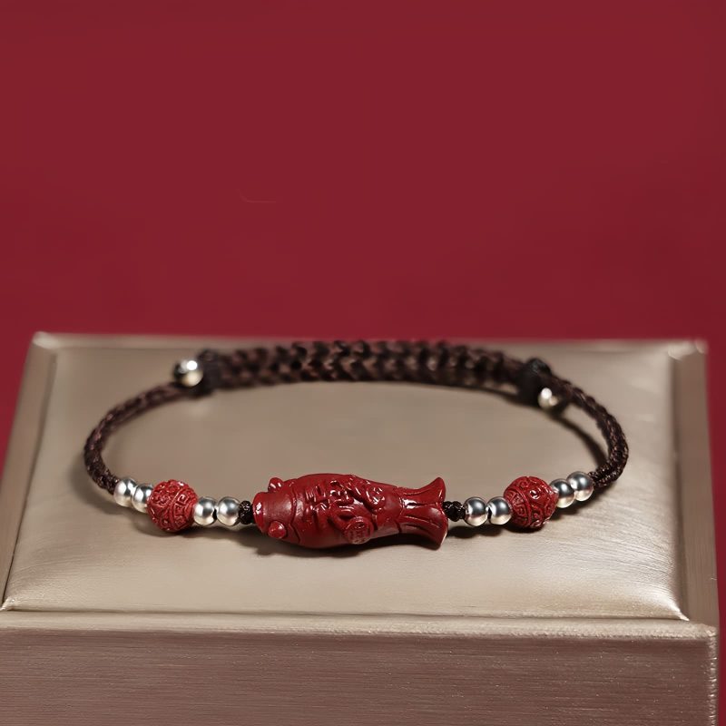 Pulseira Trançada de Prata 925 com Peixe Koi, Caractere Fu e Moeda de Cobre para Prosperidade 925 Silver Koi Fish Wealth Prosperity Bracelet