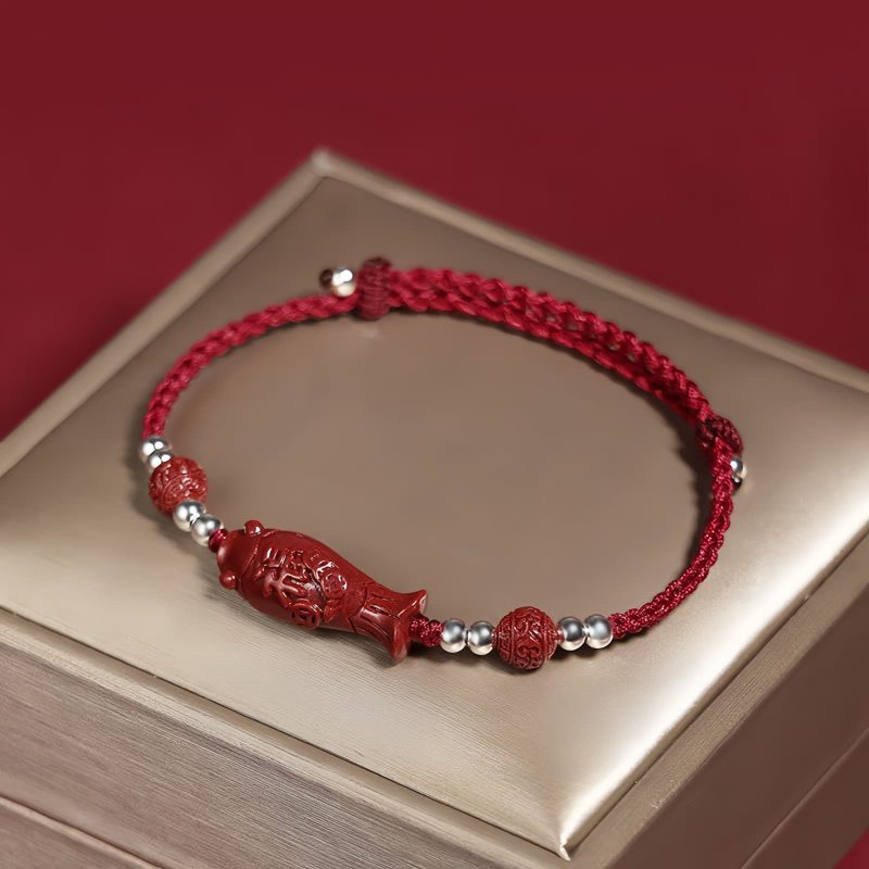 Pulseira Trançada de Prata 925 com Peixe Koi, Caractere Fu e Moeda de Cobre para Prosperidade 925 Silver Koi Fish Wealth Prosperity Bracelet