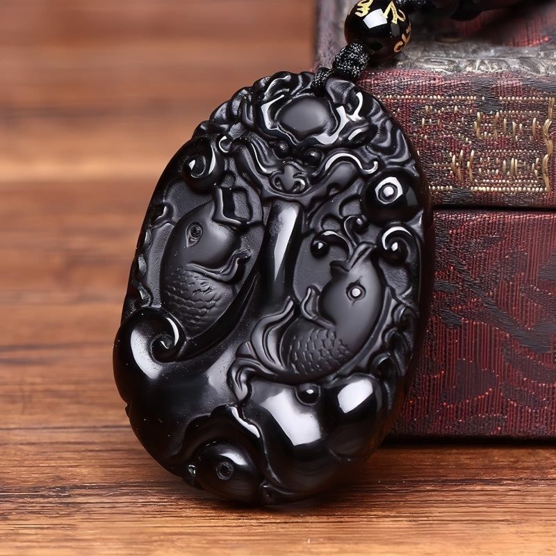 Collar con dije de pez Koi de obsidiana negra: símbolo de fuerza Black Obsidian Koi Fish Strength Pendant Necklace