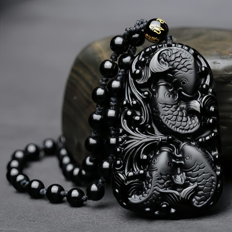 Kraftvolle Halskette mit Schwarzem Obsidian Koi Black Obsidian Koi Fish Strength Necklace