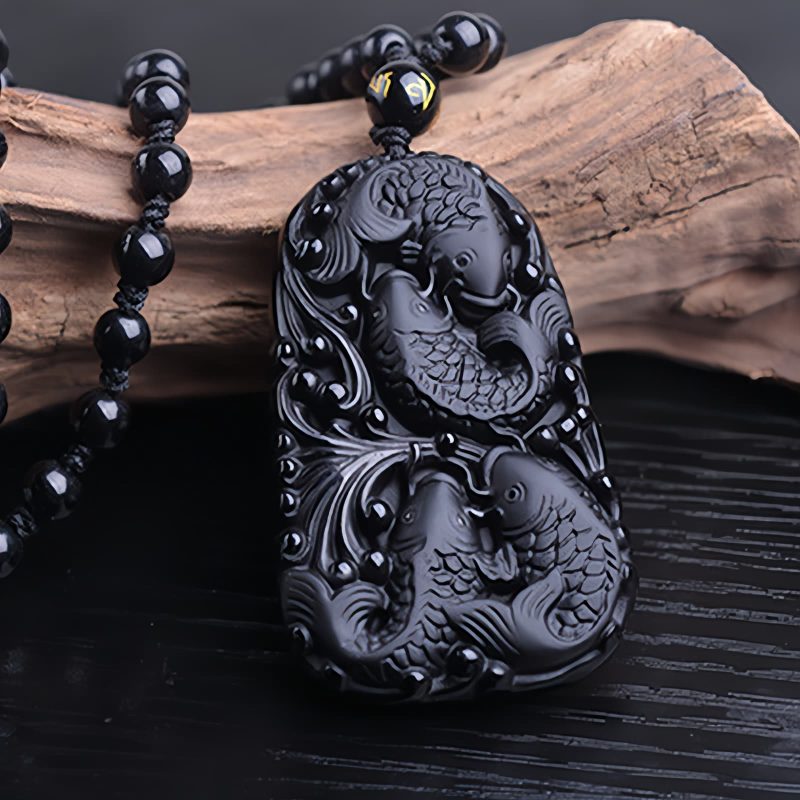 Kraftvolle Halskette mit Schwarzem Obsidian Koi Black Obsidian Koi Fish Strength Necklace
