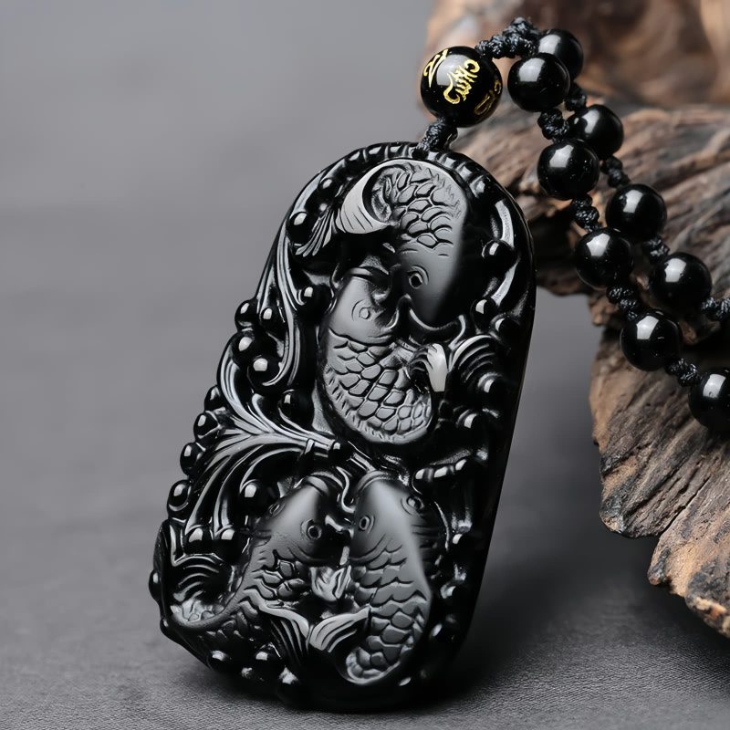 Kraftvolle Halskette mit Schwarzem Obsidian Koi Black Obsidian Koi Fish Strength Necklace