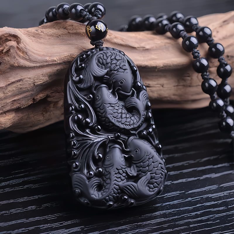 Kraftvolle Halskette mit Schwarzem Obsidian Koi Black Obsidian Koi Fish Strength Necklace