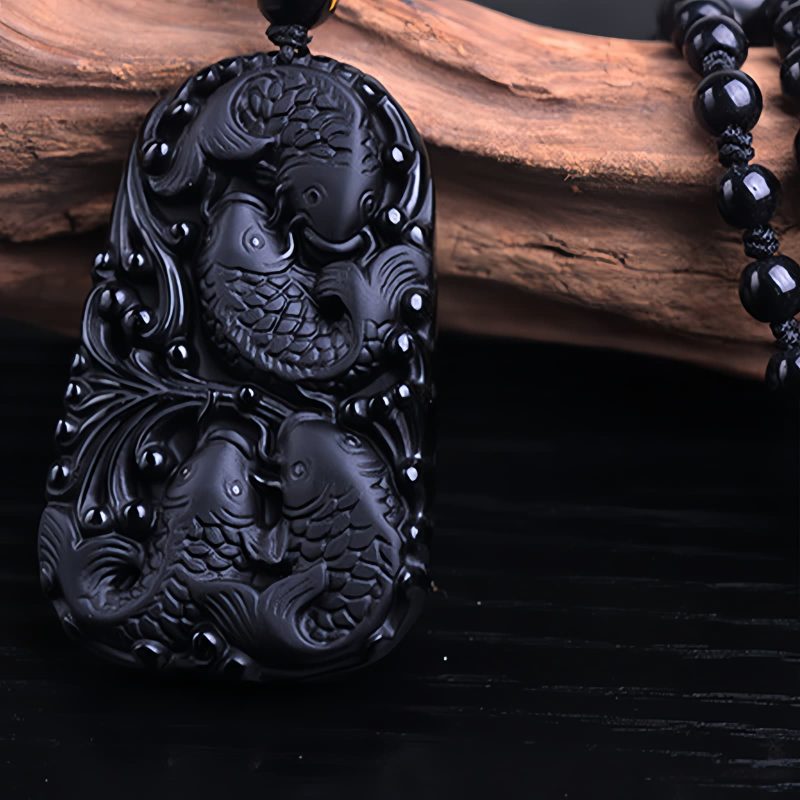 Kraftvolle Halskette mit Schwarzem Obsidian Koi Black Obsidian Koi Fish Strength Necklace