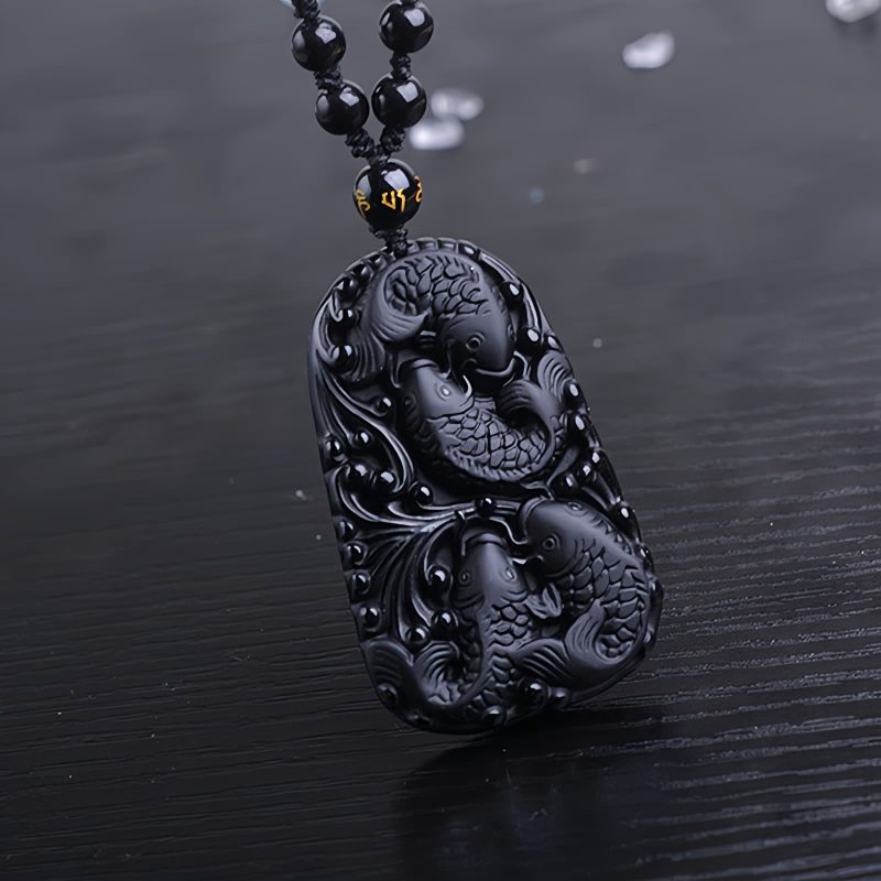 Kraftvolle Halskette mit Schwarzem Obsidian Koi Black Obsidian Koi Fish Strength Necklace
