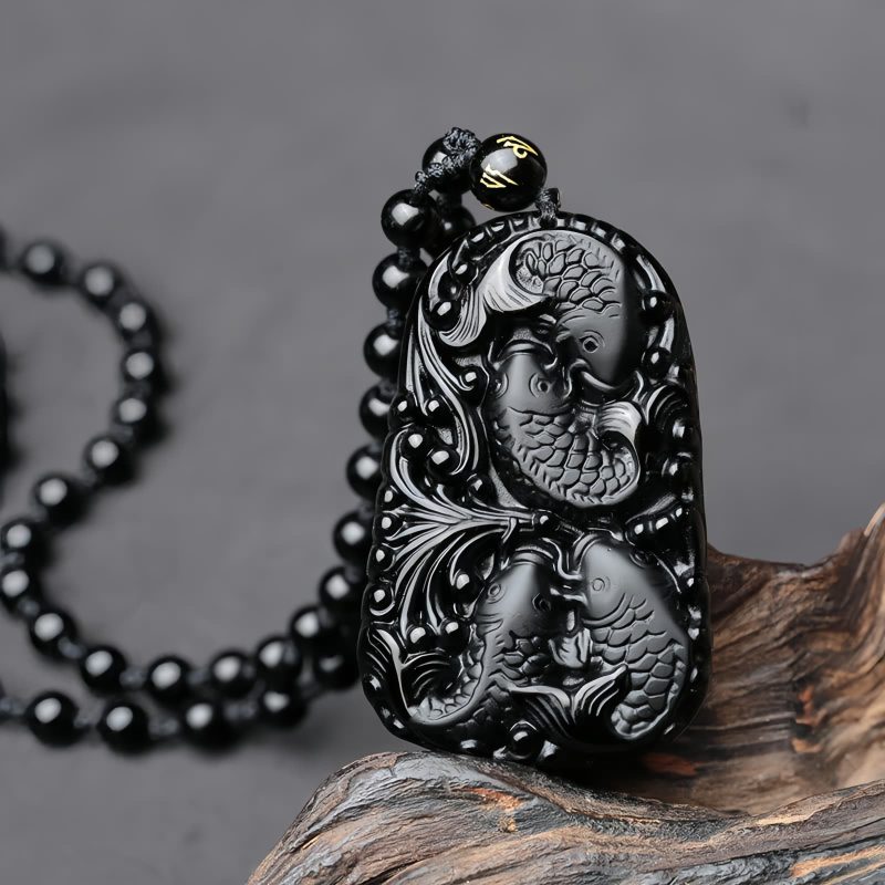 Kraftvolle Halskette mit Schwarzem Obsidian Koi Black Obsidian Koi Fish Strength Necklace