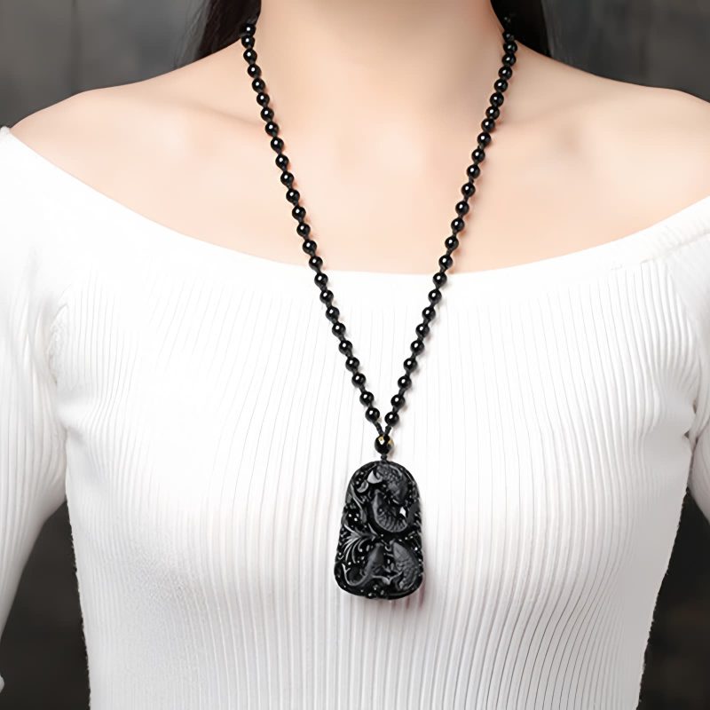 Kraftvolle Halskette mit Schwarzem Obsidian Koi Black Obsidian Koi Fish Strength Necklace