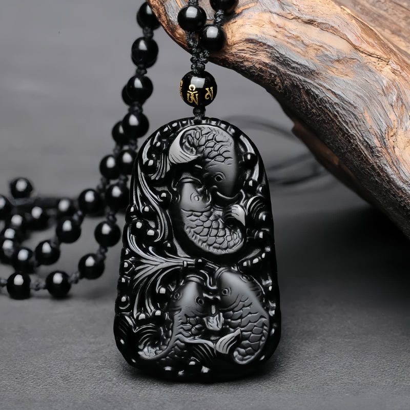 Kraftvolle Halskette mit Schwarzem Obsidian Koi Black Obsidian Koi Fish Strength Necklace