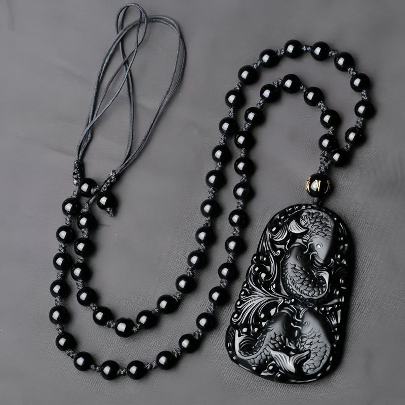 Kraftvolle Halskette mit Schwarzem Obsidian Koi Black Obsidian Koi Fish Strength Necklace