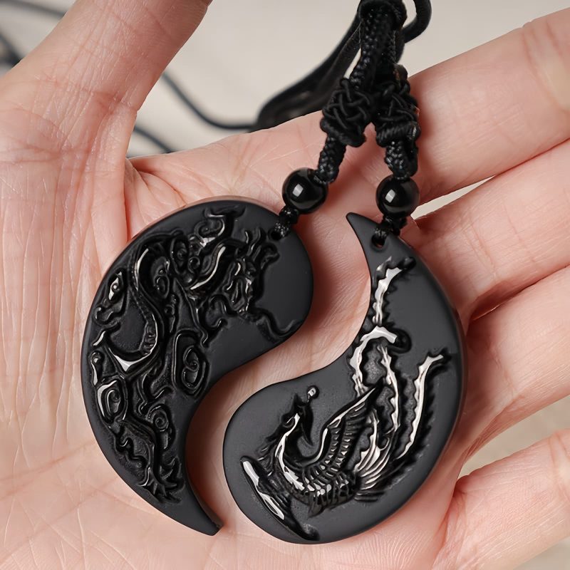 Glückskette mit Yin-Yang-Drachen-Phönix aus schwarzem Obsidian Black Obsidian Yin Yang Dragon Phoenix Luck Necklace