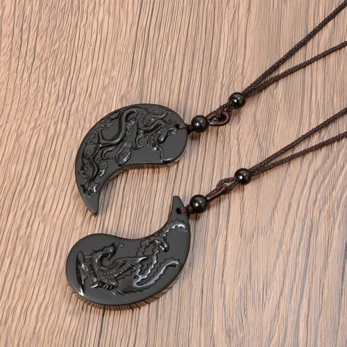 Collar de Obsidiana Negra Yin Yang Dragón Fénix de la Suerte Collar de Obsidiana Negra Yin Yang Dragón Fénix de la Suerte