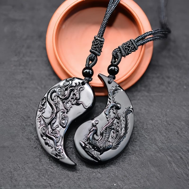 Glückskette mit Yin-Yang-Drachen-Phönix aus schwarzem Obsidian Black Obsidian Yin Yang Dragon Phoenix Luck Necklace