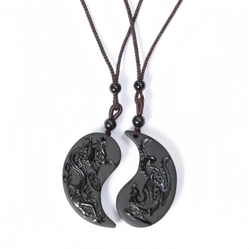 Schwarze Obsidian Yin Yang Drachen Phönix Halskette Schwarze Obsidian Yin Yang Drachen Phönix Halskette