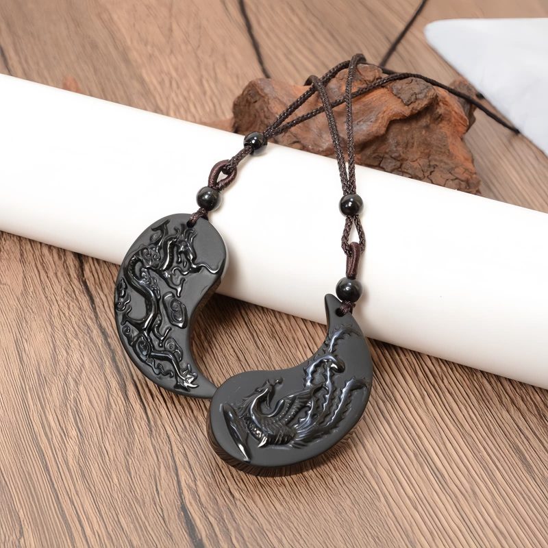 Glückskette mit Yin-Yang-Drachen-Phönix aus schwarzem Obsidian Black Obsidian Yin Yang Dragon Phoenix Luck Necklace