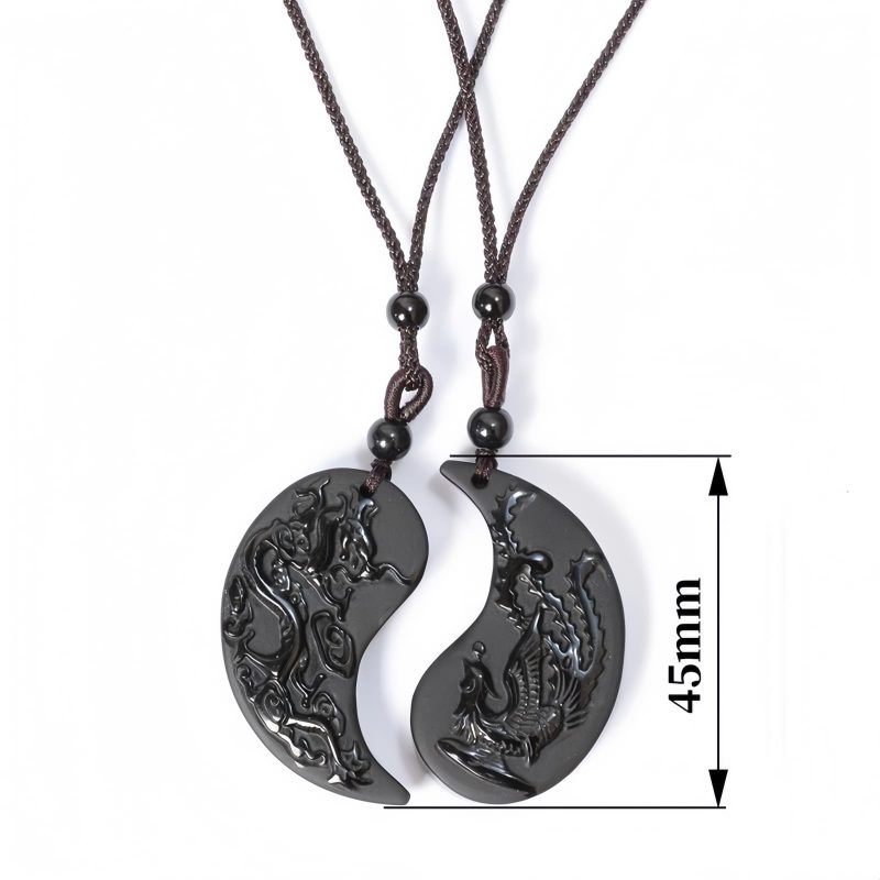 Glückskette mit Yin-Yang-Drachen-Phönix aus schwarzem Obsidian Black Obsidian Yin Yang Dragon Phoenix Luck Necklace