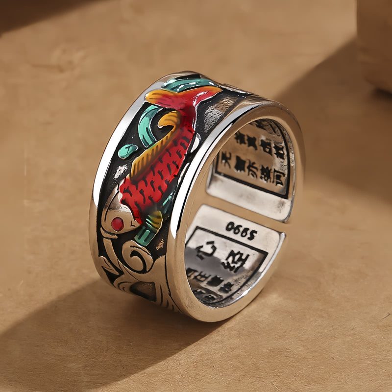 خاتم نجاح سمكة الكوي بالطلاء الأزرق المينا Blue Enamel Koi Fish Success Ring