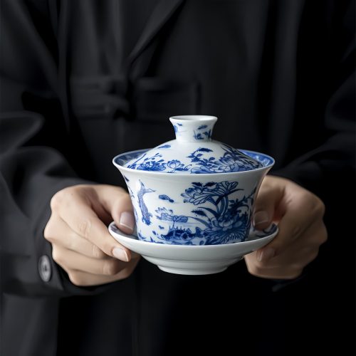 Juego de Tazas de Té de Porcelana Azul y Blanca con Loto y Pez Koi Juego de Tazas de Té de Porcelana Azul y Blanca con Loto y Pez Koi