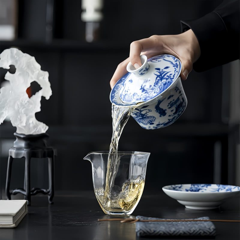 Juego de Tazas de Té de Porcelana Azul y Blanca con Loto y Pez Koi Blue And White Porcelain Lotus Koi Fish Teacup Set