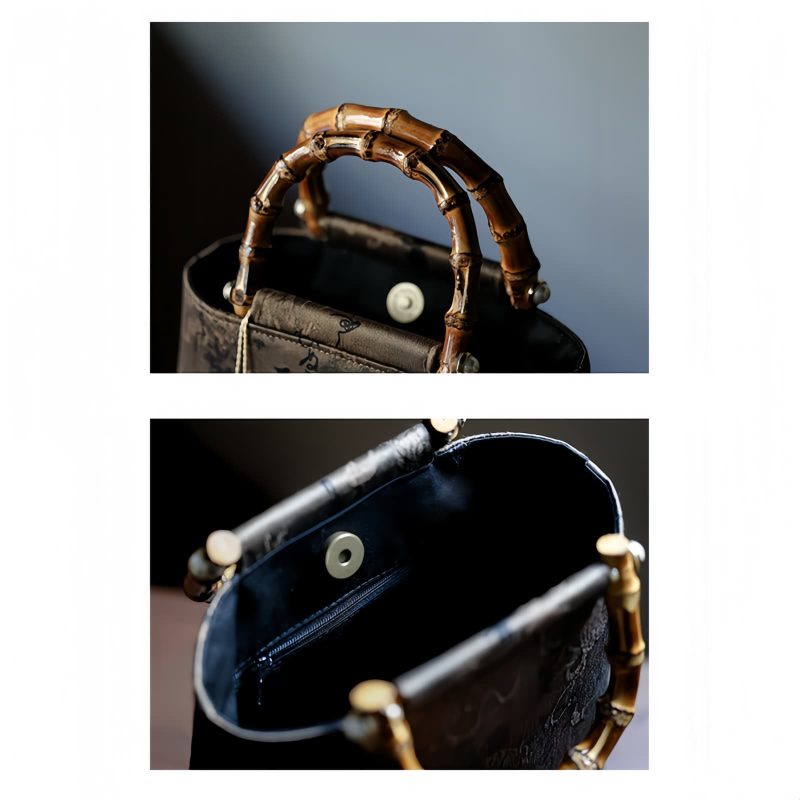 حقيبة يد من الخيزران مزينة برسومات سمكة الكوي والفراشة Butterfly Koi Fish Bamboo Handle Handbag